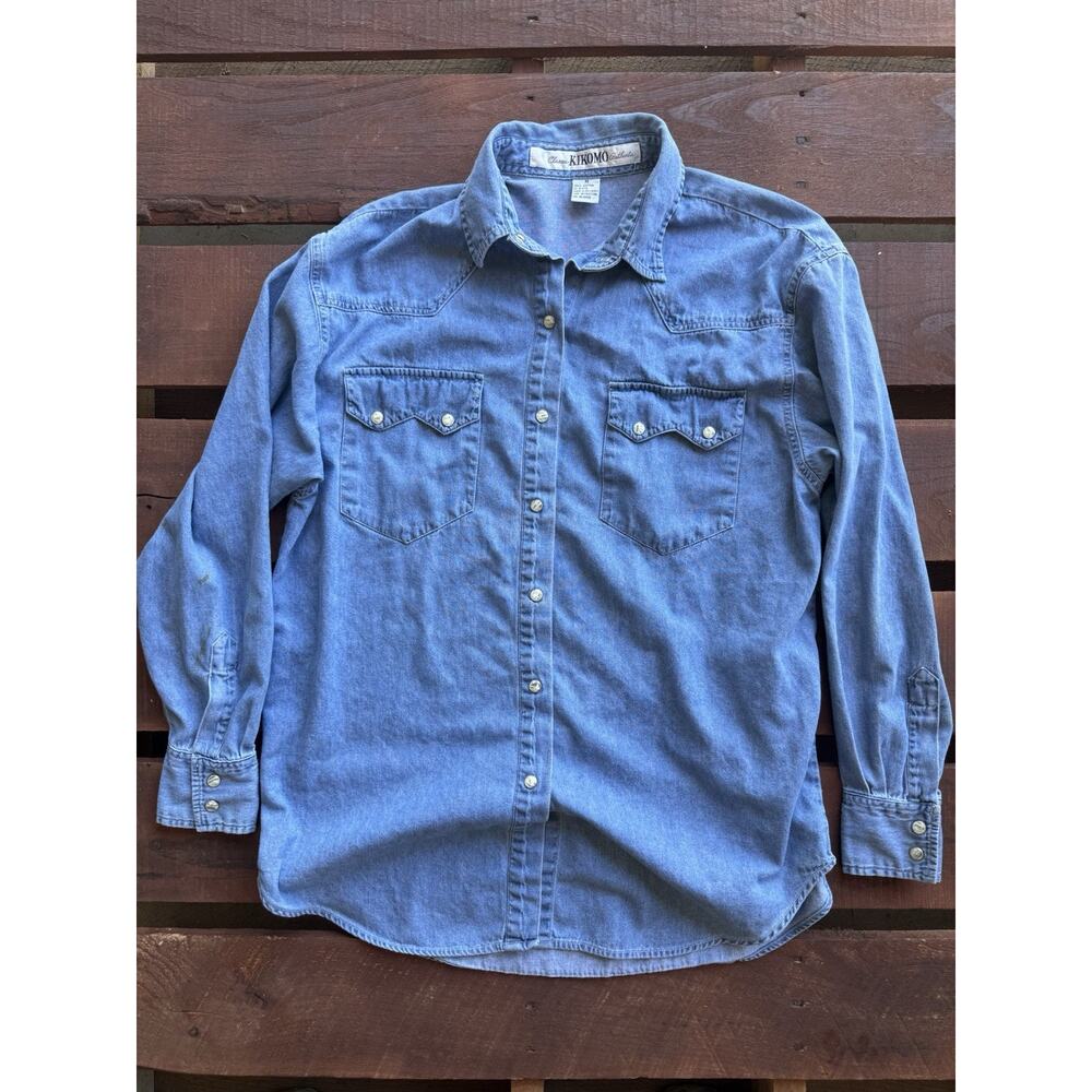 Vintage 90s Classic Kikomo Authentic Denim Western Pearl Snap Shirt Size M